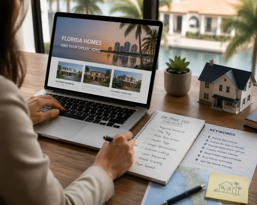 Real estate agent working on laptop displaying Florida homes listings with SEO checklist and property documents on desk