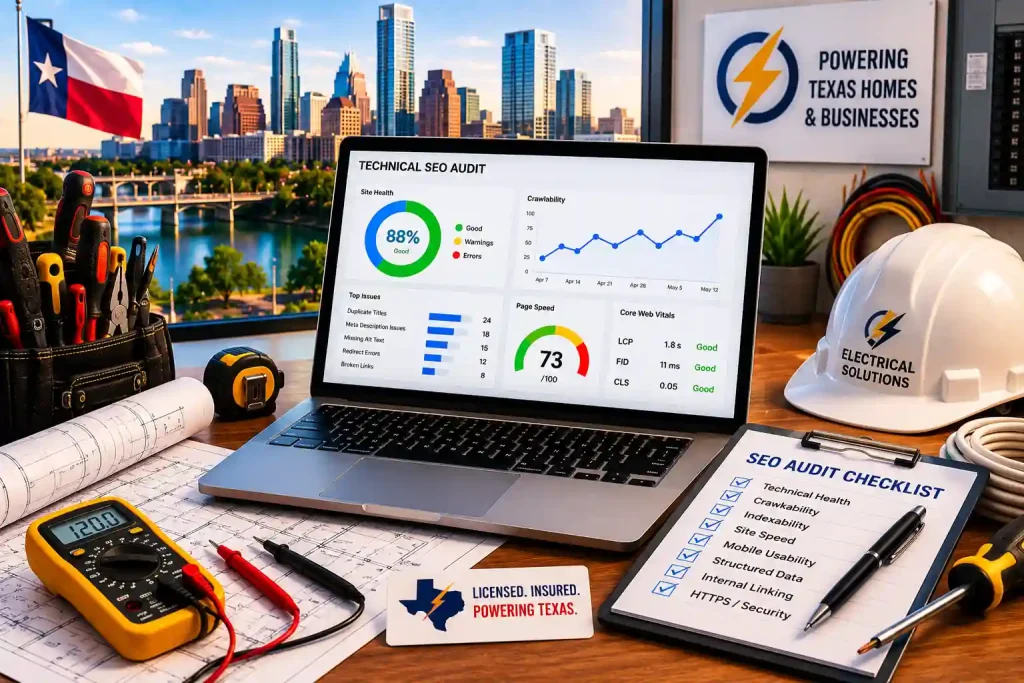 Technical SEO audit workspace for a Texas electrical contractor featuring electrical tools, wiring plans, a multimeter, and a laptop displaying website performance analytics.
