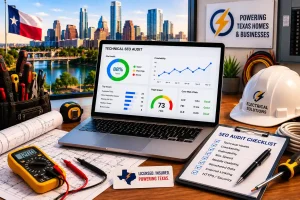 Technical SEO audit workspace for a Texas electrical contractor featuring electrical tools, wiring plans, a multimeter, and a laptop displaying website performance analytics.