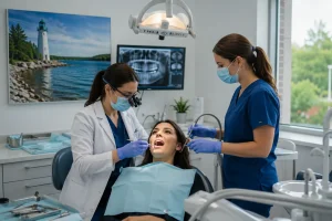 Dentist and dental assistant providing patient care in a modern dental clinic for a dental SEO campaign in Michigan