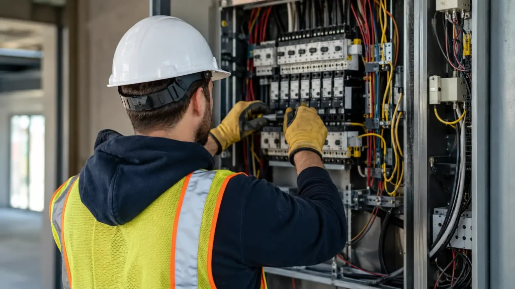 Licensed electrician working on an electrical control panel for a Pennsylvania electrician SEO campaign