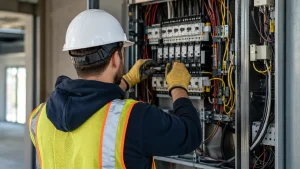 Licensed electrician working on an electrical control panel for a Pennsylvania electrician SEO campaign
