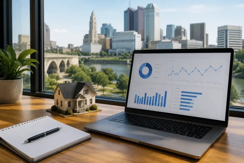 Technical SEO audit setup for an Ohio real estate business featuring a laptop with website analytics, a model home, and a modern office overlooking an urban skyline.
