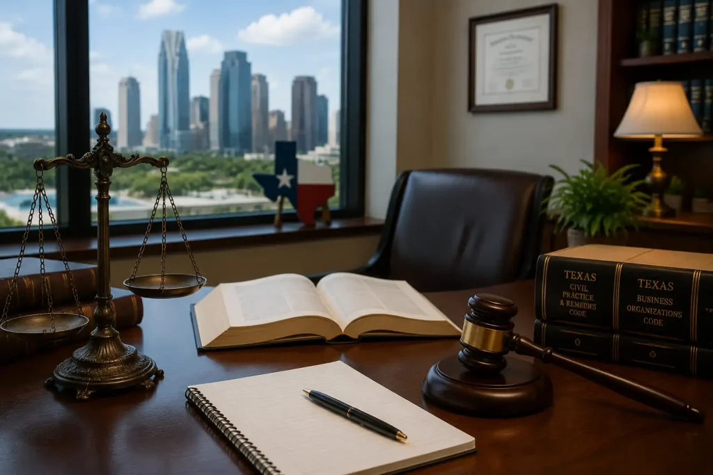 Law office desk with legal books, gavel, scales of justice, and city skyline view representing legal practice in Texas