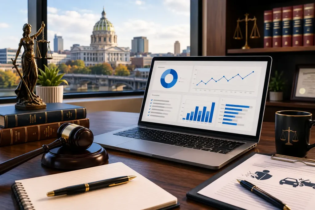 Technical SEO audit workspace for a Pennsylvania personal injury law firm featuring legal documents, a gavel, law books, and a laptop displaying website performance analytics.