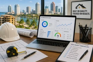 Technical SEO audit workspace for a Florida general contractor featuring construction plans, a hard hat, measuring tools, and a laptop with website performance analytics in a modern office.