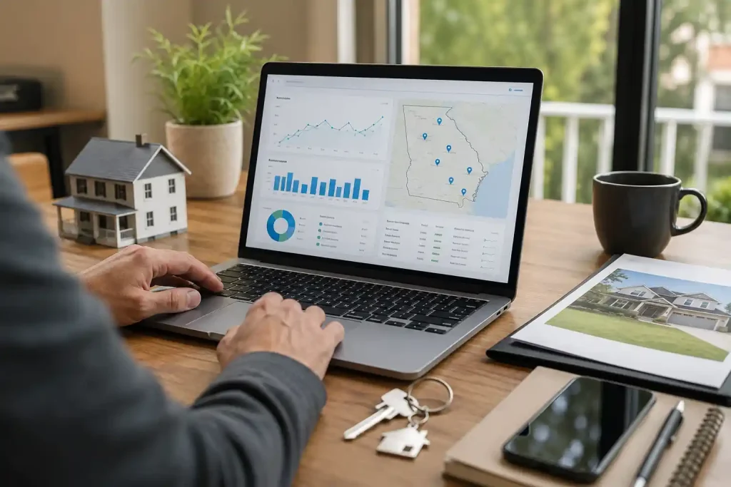 Modern home office with a laptop displaying search analytics, a model house, and a Georgia city skyline in the background, representing AI search visibility auditing for real estate.