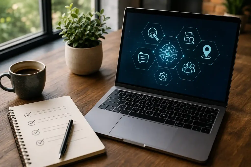 Laptop displaying AI search audit service icons beside a checklist, coffee mug, and plant in a modern workspace.