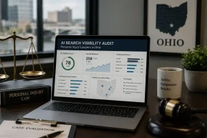 Personal injury law office desk with a laptop displaying AI search visibility analytics for Ohio lawyers.