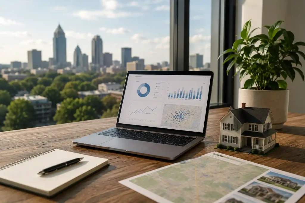 Real estate agent reviewing AI search visibility analytics and Georgia property locations on a laptop.