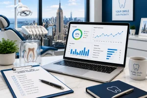 Technical SEO audit workspace in a modern New York dental office featuring a laptop with website analytics, dental equipment, and a clean clinic overlooking the city skyline.