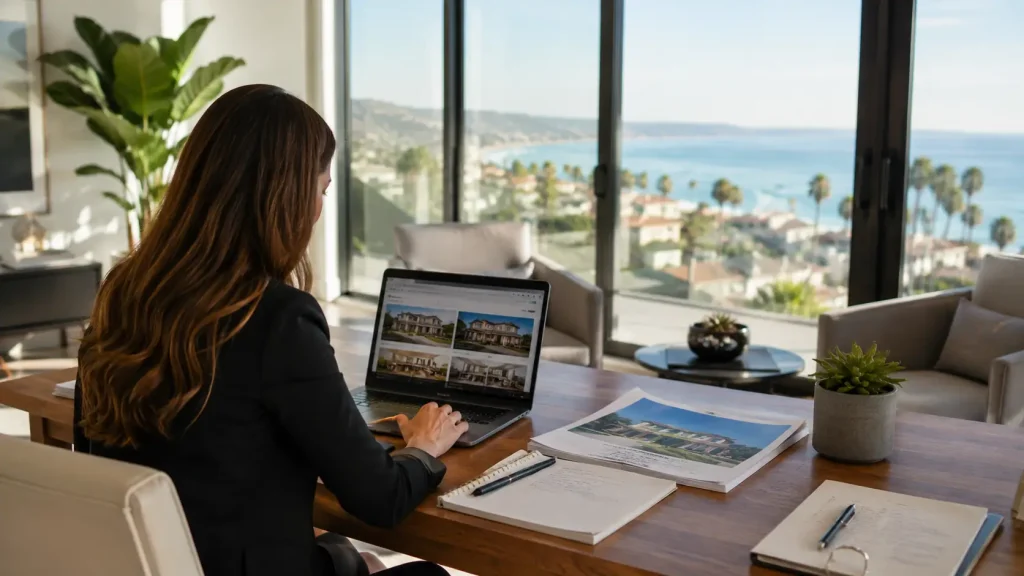 Real estate agent reviewing luxury property listings online as part of a California real estate SEO campaign