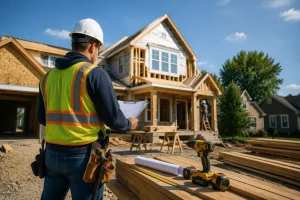 General contractor reviewing construction plans at residential building site with tools and materials in foreground