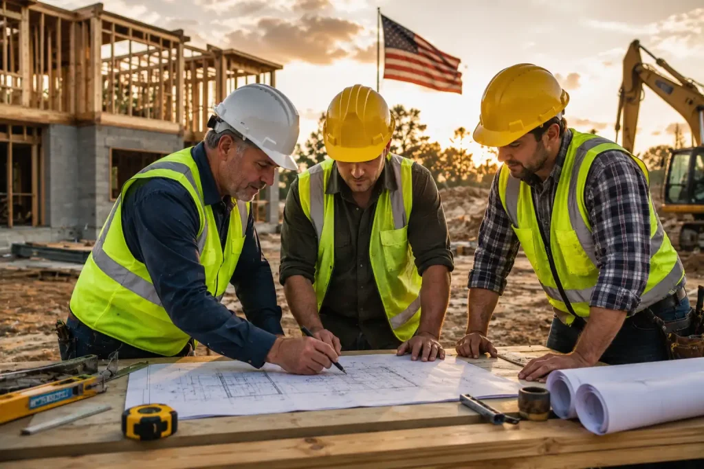 General contractors reviewing construction plans on a job site for a full SEO campaign in Georgia