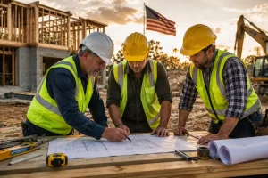 General contractors reviewing construction plans on a job site for a full SEO campaign in Georgia