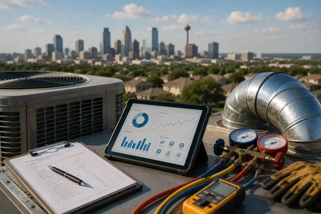 Rooftop HVAC inspection setup with air conditioning equipment, diagnostic tools, and a tablet displaying analytics overlooking a Texas city skyline.