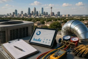 Rooftop HVAC inspection setup with air conditioning equipment, diagnostic tools, and a tablet displaying analytics overlooking a Texas city skyline.