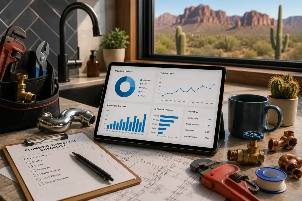 Modern plumbing workspace with a tablet displaying search analytics, plumbing tools, fittings, and a desert landscape representing an AI search visibility audit for Arizona plumbers.
