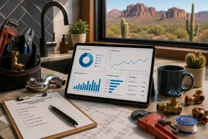 Modern plumbing workspace with a tablet displaying search analytics, plumbing tools, fittings, and a desert landscape representing an AI search visibility audit for Arizona plumbers.