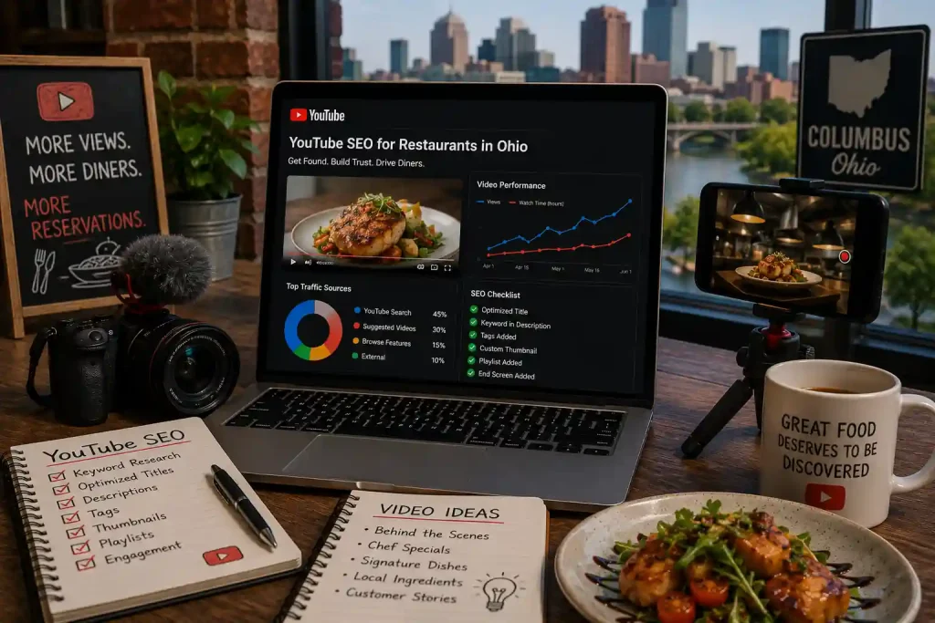 YouTube video production setup inside an Ohio restaurant featuring a camera, smartphone on a tripod, plated meal, and a laptop used for YouTube channel optimization and video marketing.