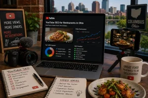 YouTube video production setup inside an Ohio restaurant featuring a camera, smartphone on a tripod, plated meal, and a laptop used for YouTube channel optimization and video marketing.