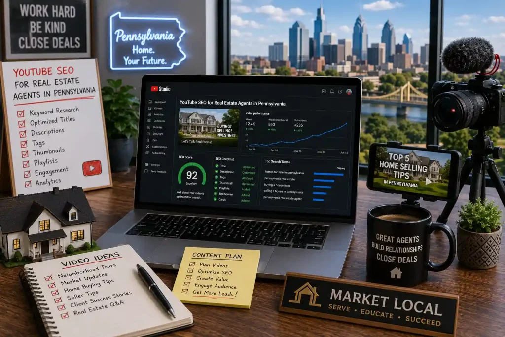 Real estate video production setup for YouTube marketing in Pennsylvania featuring a professional camera, smartphone on a tripod, model home, and a laptop used for YouTube SEO and channel optimization.