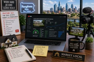 Real estate video production setup for YouTube marketing in Pennsylvania featuring a professional camera, smartphone on a tripod, model home, and a laptop used for YouTube SEO and channel optimization.