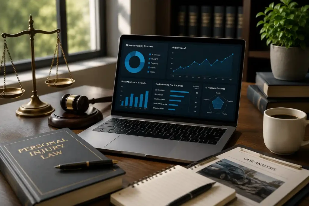 Law office desk with legal books, scales of justice, a gavel, and a laptop displaying search analytics for a personal injury law firm's AI visibility audit.