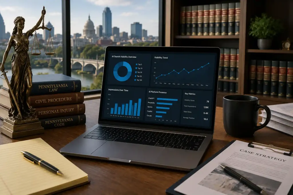 Professional law office with legal books, Lady Justice statue, and a laptop displaying search analytics for a Pennsylvania law firm's AI search visibility audit.
