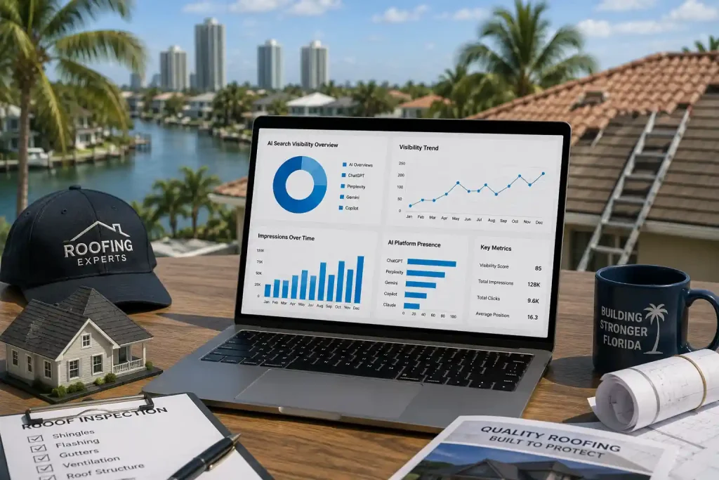 Modern roofing workspace with a laptop displaying search analytics, roofing plans, a house model, and a Florida waterfront neighborhood representing an AI search visibility audit for roofing contractors.