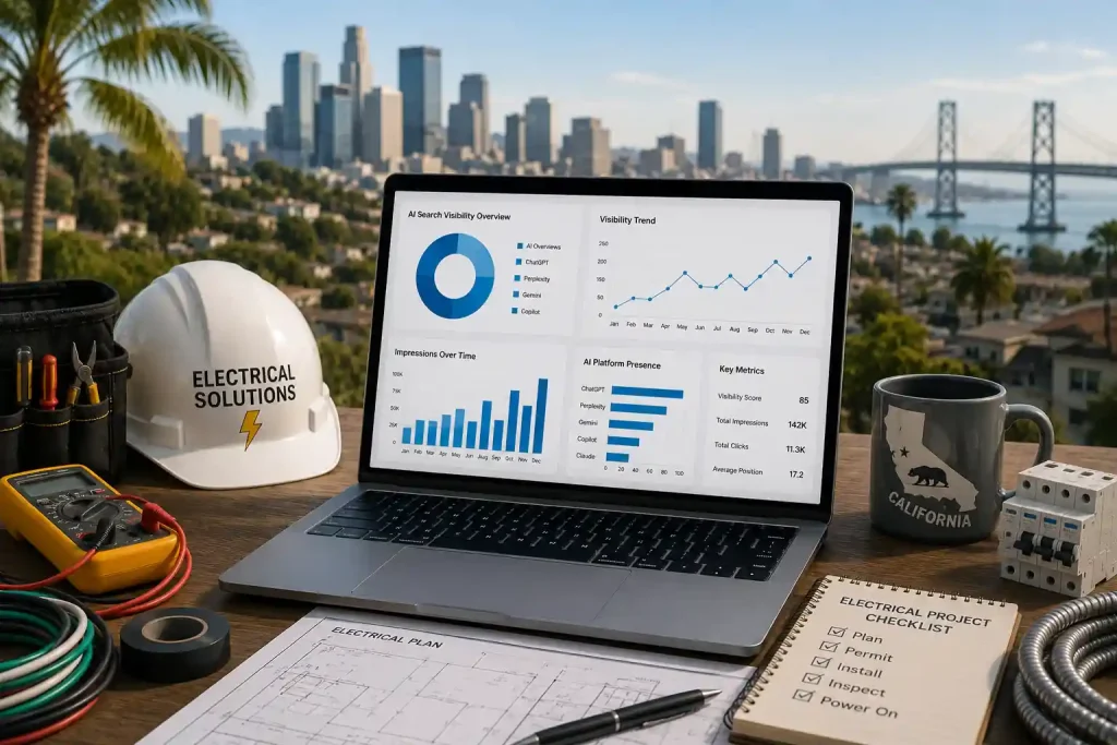 Professional electrical workspace with a laptop displaying search analytics, electrical tools, wiring, and safety equipment representing an AI search visibility audit for California electricians.