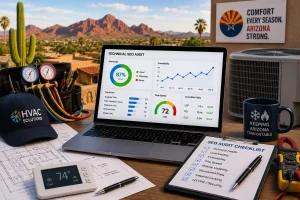 Technical SEO audit workspace for an Arizona HVAC company featuring HVAC service tools, a thermostat, outdoor cooling equipment, and a laptop displaying website performance analytics.