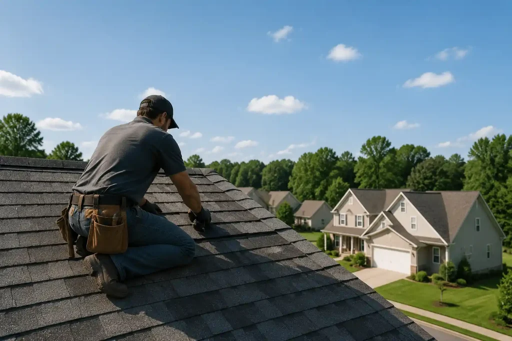 Roofer repairing asphalt shingles on a residential rooftop in a suburban neighborhood