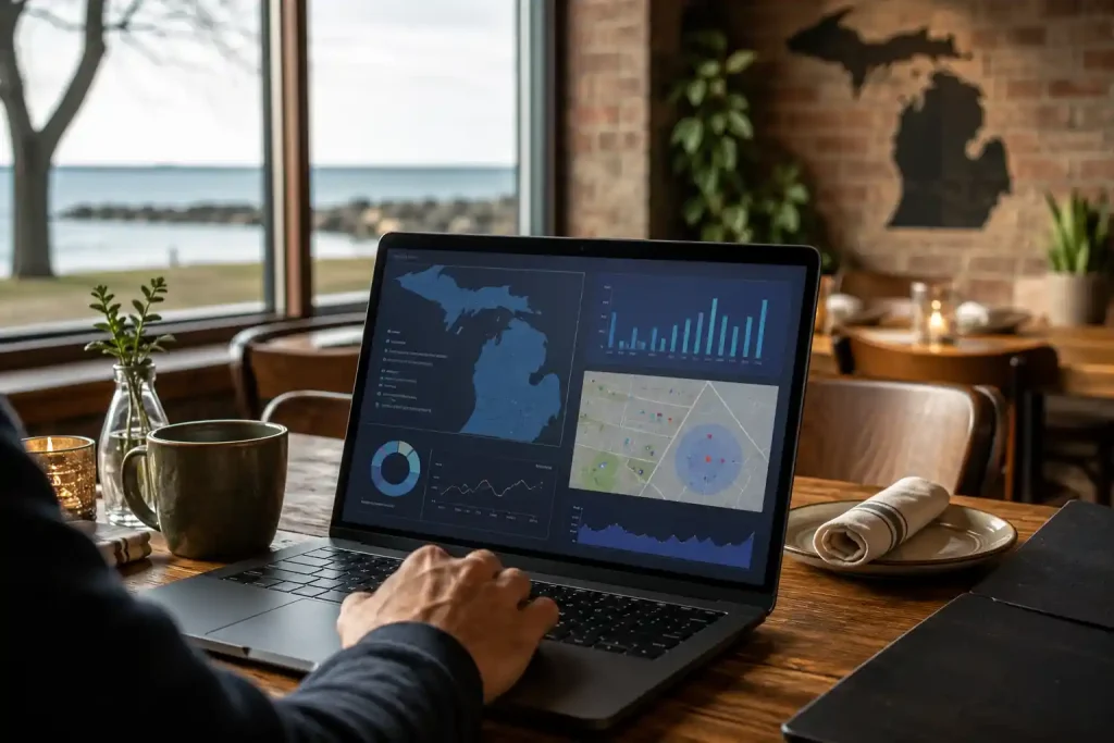 Restaurant owner reviewing AI search visibility analytics for a Michigan restaurant on a laptop