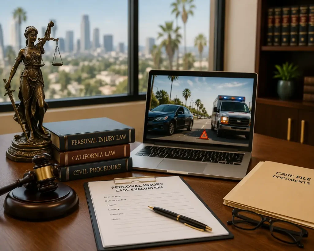 Personal injury law office desk with legal books, case evaluation documents, and laptop showing accident scene with ambulance