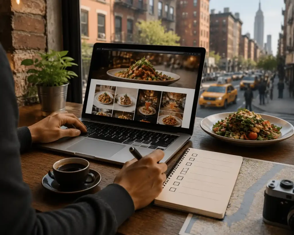 Restaurant marketing professional optimizing food website on laptop with menu images and content strategy for New York dining business