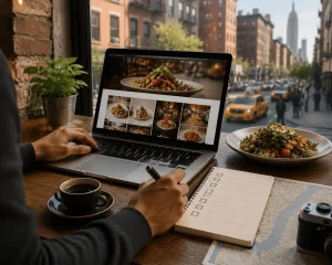 Restaurant marketing professional optimizing food website on laptop with menu images and content strategy for New York dining business