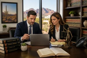 Attorneys reviewing legal documents in a law office for a law firm SEO campaign in Arizona