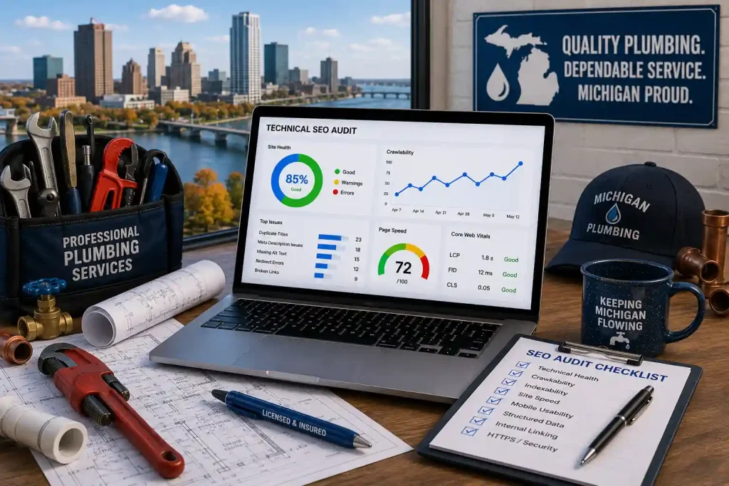 Technical SEO audit workspace for a Michigan plumbing company featuring plumbing tools, pipe fittings, construction plans, and a laptop displaying website performance analytics.