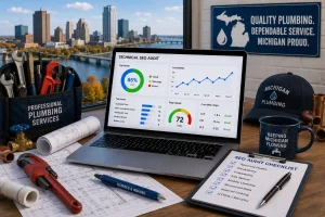 Technical SEO audit workspace for a Michigan plumbing company featuring plumbing tools, pipe fittings, construction plans, and a laptop displaying website performance analytics.