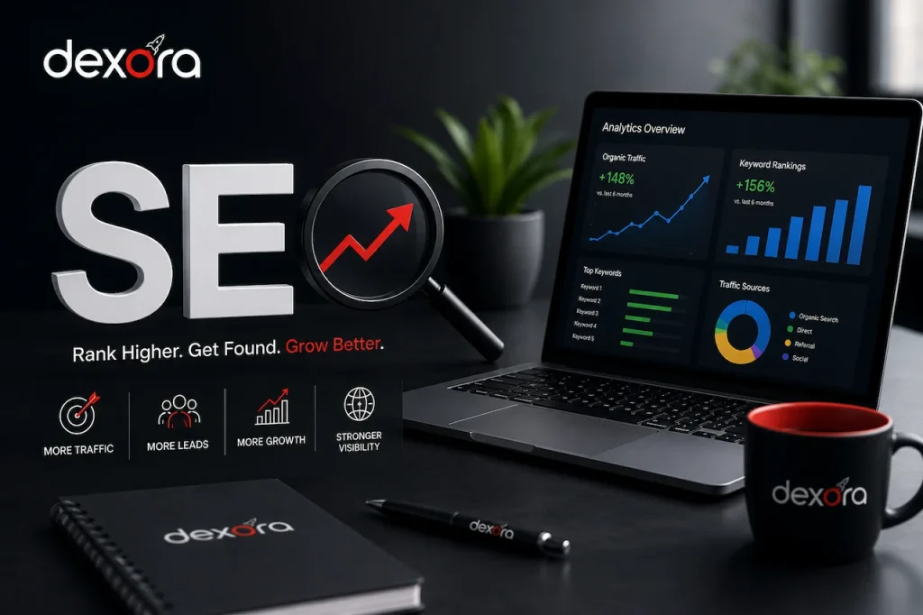SEO analytics dashboard showing search rankings and organic growth.