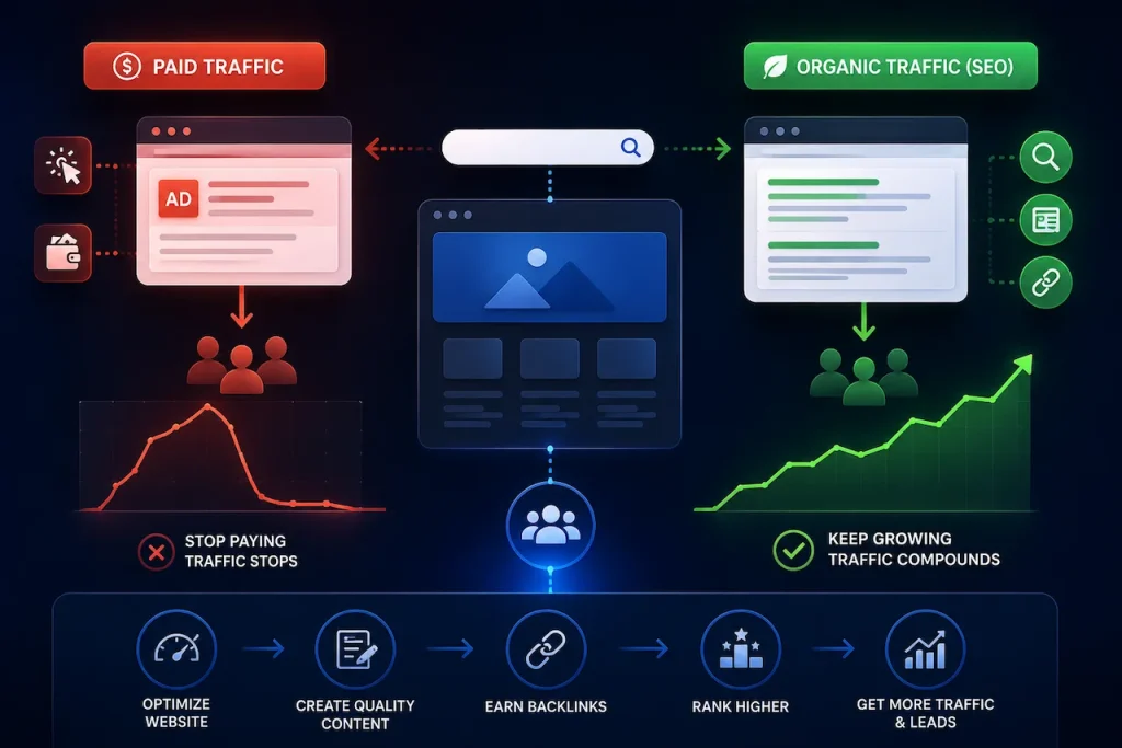 SEO vs paid traffic diagram showing how organic search delivers long-term growth, while paid ads generate short-term traffic and results.