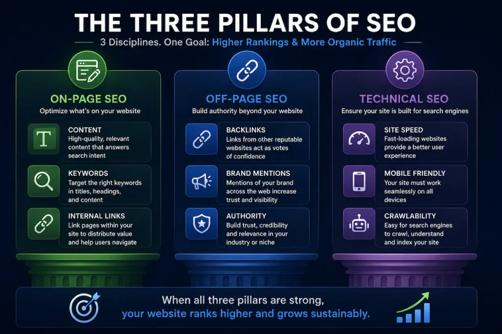 Infographic explaining the three pillars of SEO: on-page SEO, off-page SEO, and technical SEO for higher search rankings.