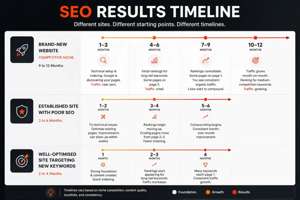 'seo results timeline new website vs established domain comparison