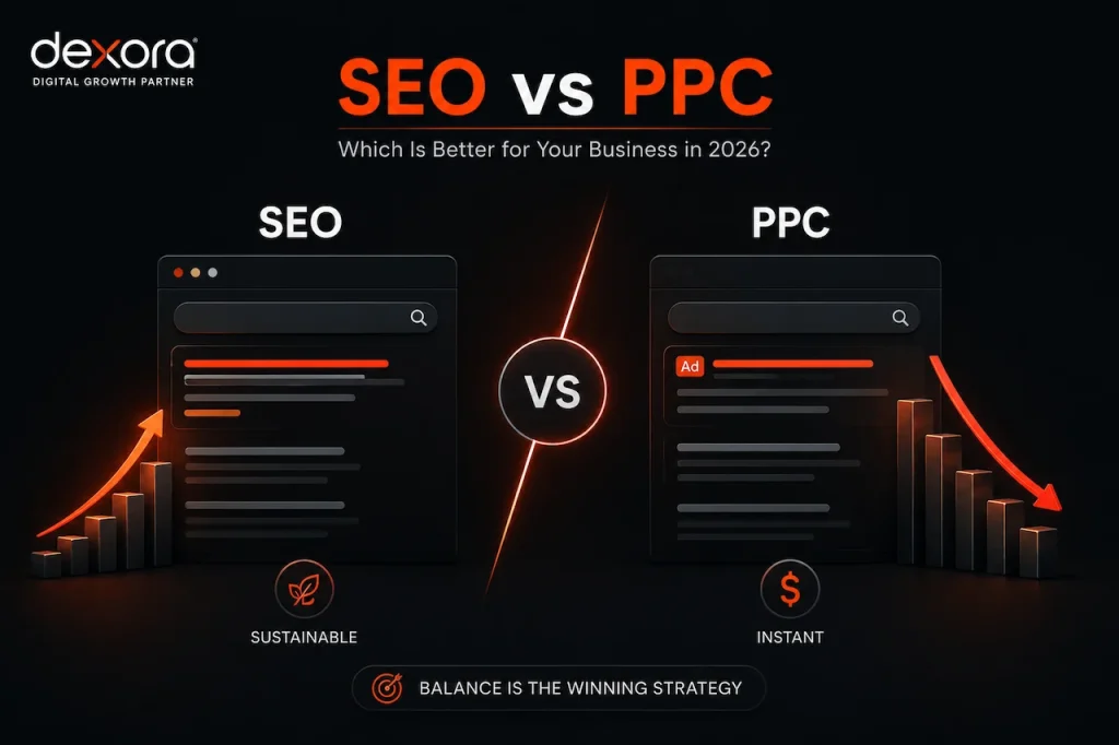 SEO vs PPC comparison showing long-term organic growth versus instant paid traffic for businesses in 2026.