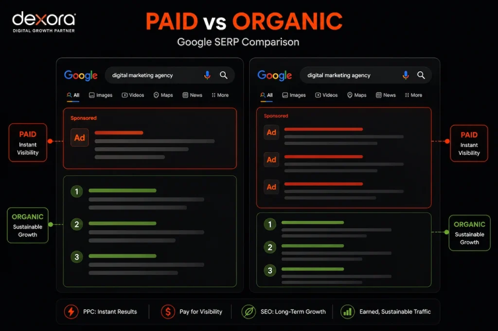  'seo vs ppc comparison in google search results'