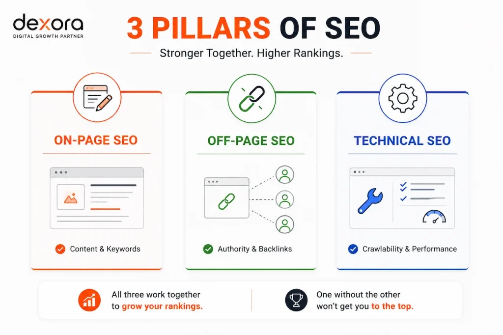 Infographic showing on-page SEO, off-page SEO, and technical SEO working together to improve rankings and organic visibility.