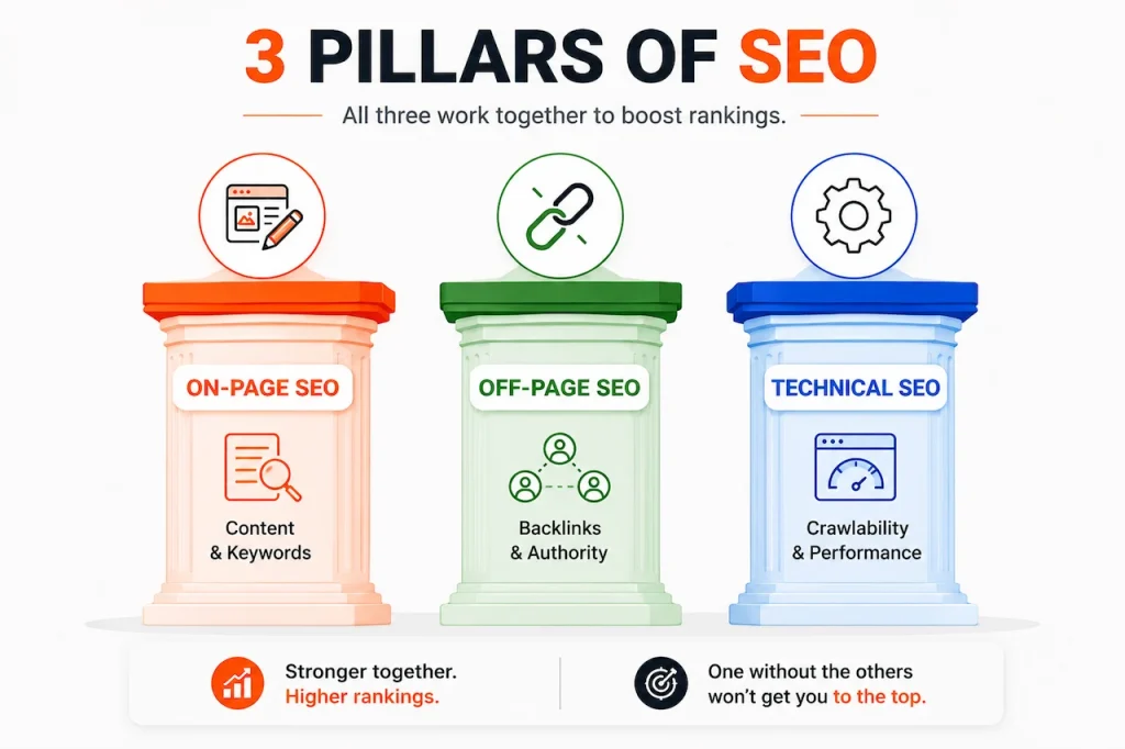 on page off page technical seo three pillars explained