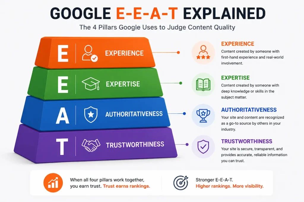 Diagram showing Google's E-E-A-T framework with experience, expertise, authoritativeness, and trustworthiness layers.