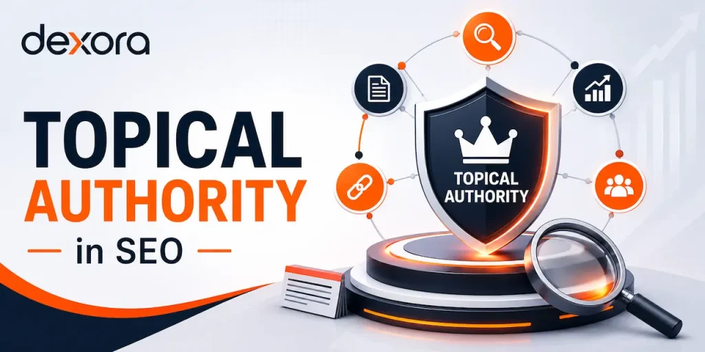 Topical authority SEO illustration showing content clusters, internal links, expertise, and authority signals that improve rankings.